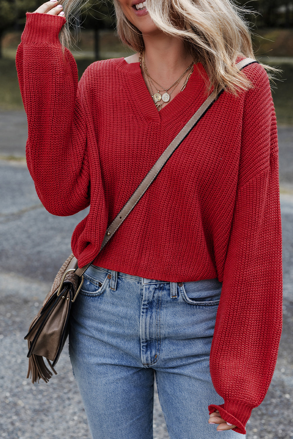 red v neck sweater