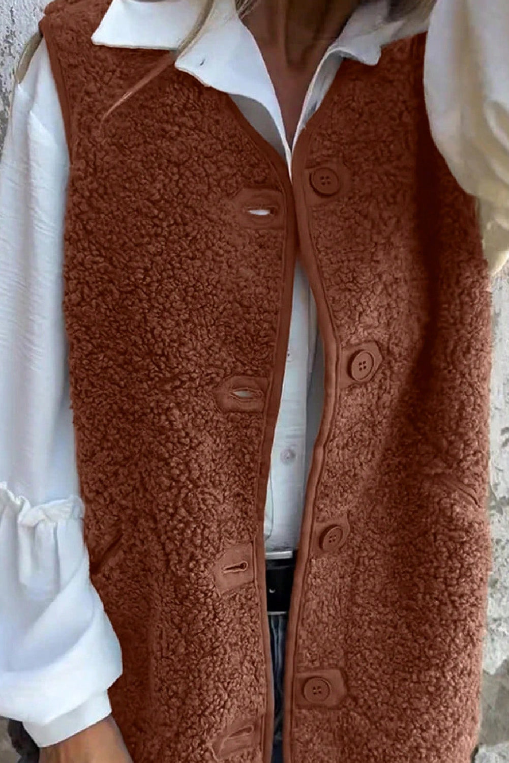 Cinnamon V Neck Button Front Plush Teddy Vest