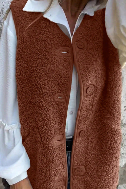 Cinnamon V Neck Button Front Plush Teddy Vest