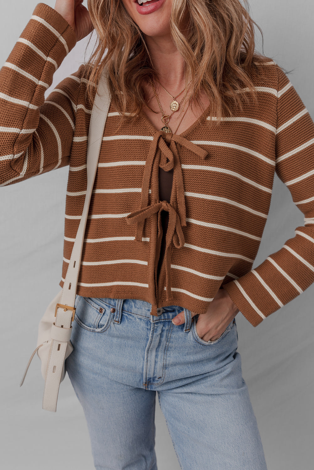 Chestnut Tie Front Striped Knit V Neck Cardigan Sweater
