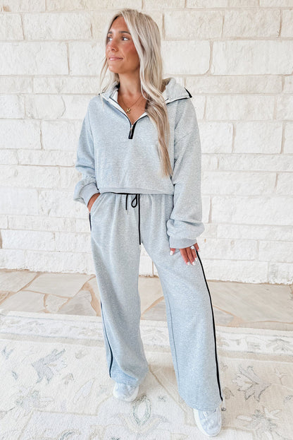 Light Grey Zipped Polo Collar Pullover & Contrast Piping Drawstring Sweatpants Set
