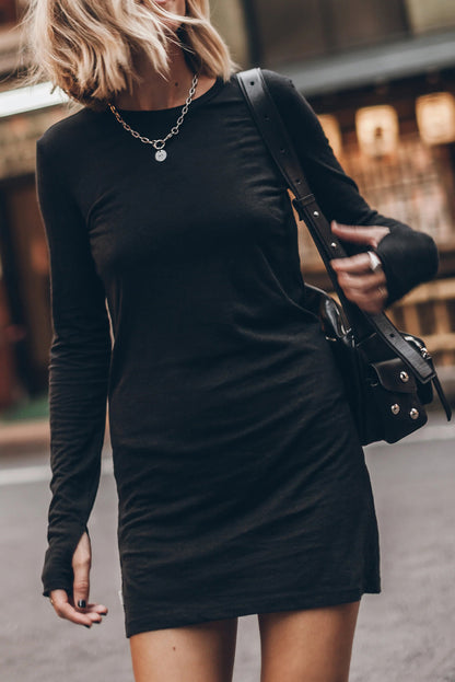 Black Solid Color Round Neck Thumbhole Sleeve Mini T Shirt Dress