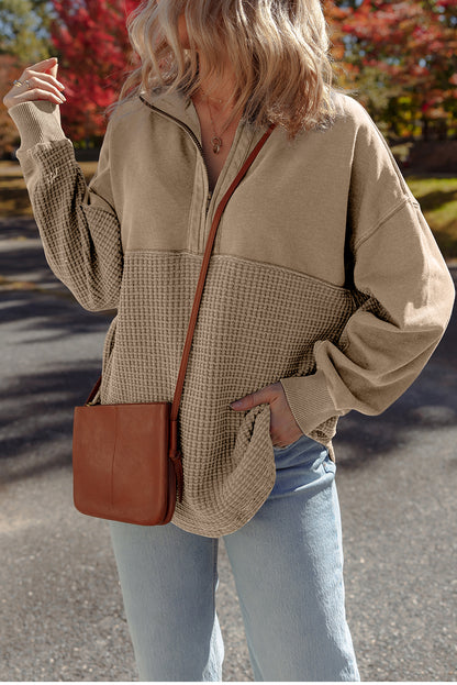 Parchment Waffle Knit Patchwork Half Zipped Casual Sweatshirt