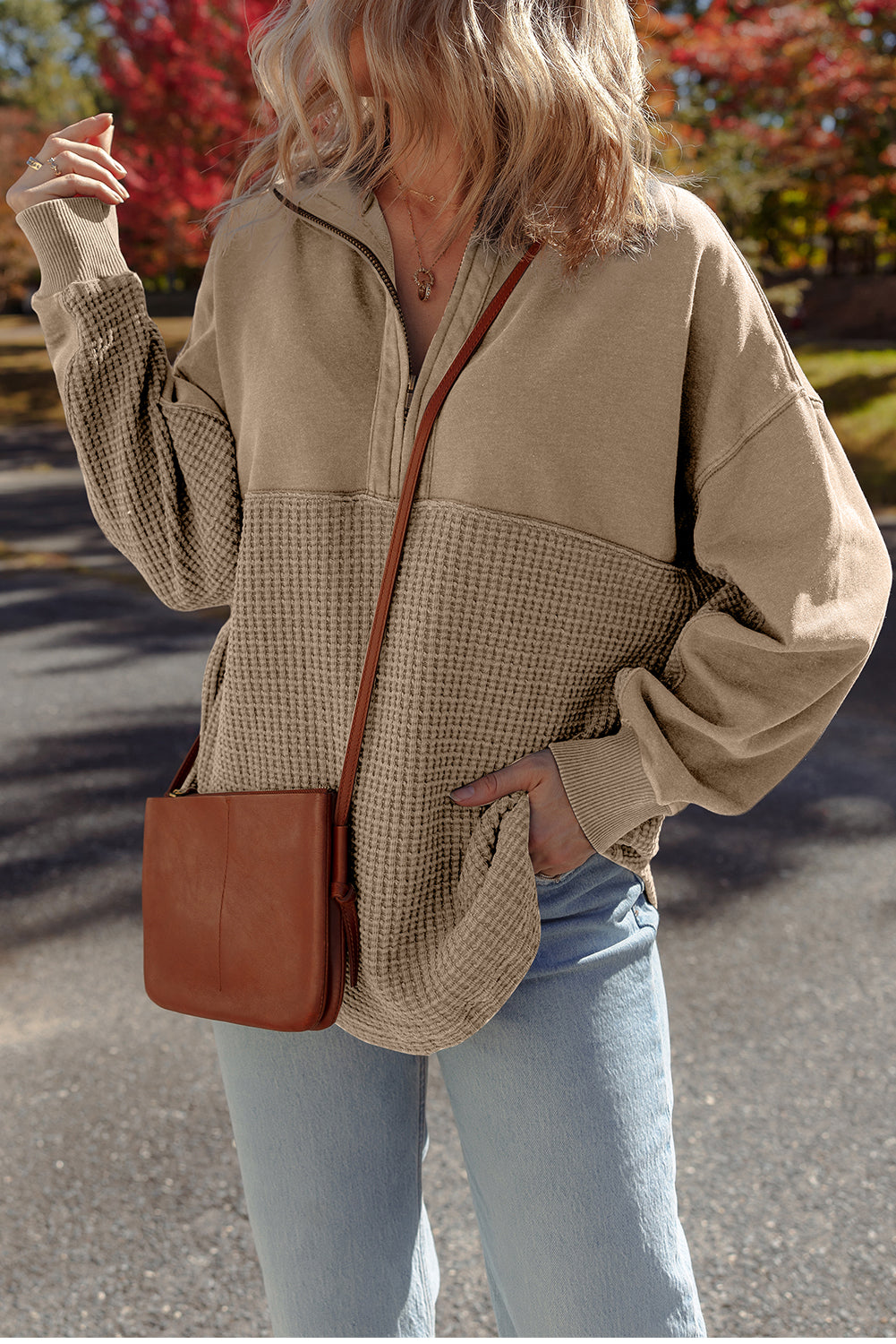 Parchment Waffle Knit Patchwork Half Zipped Casual Sweatshirt