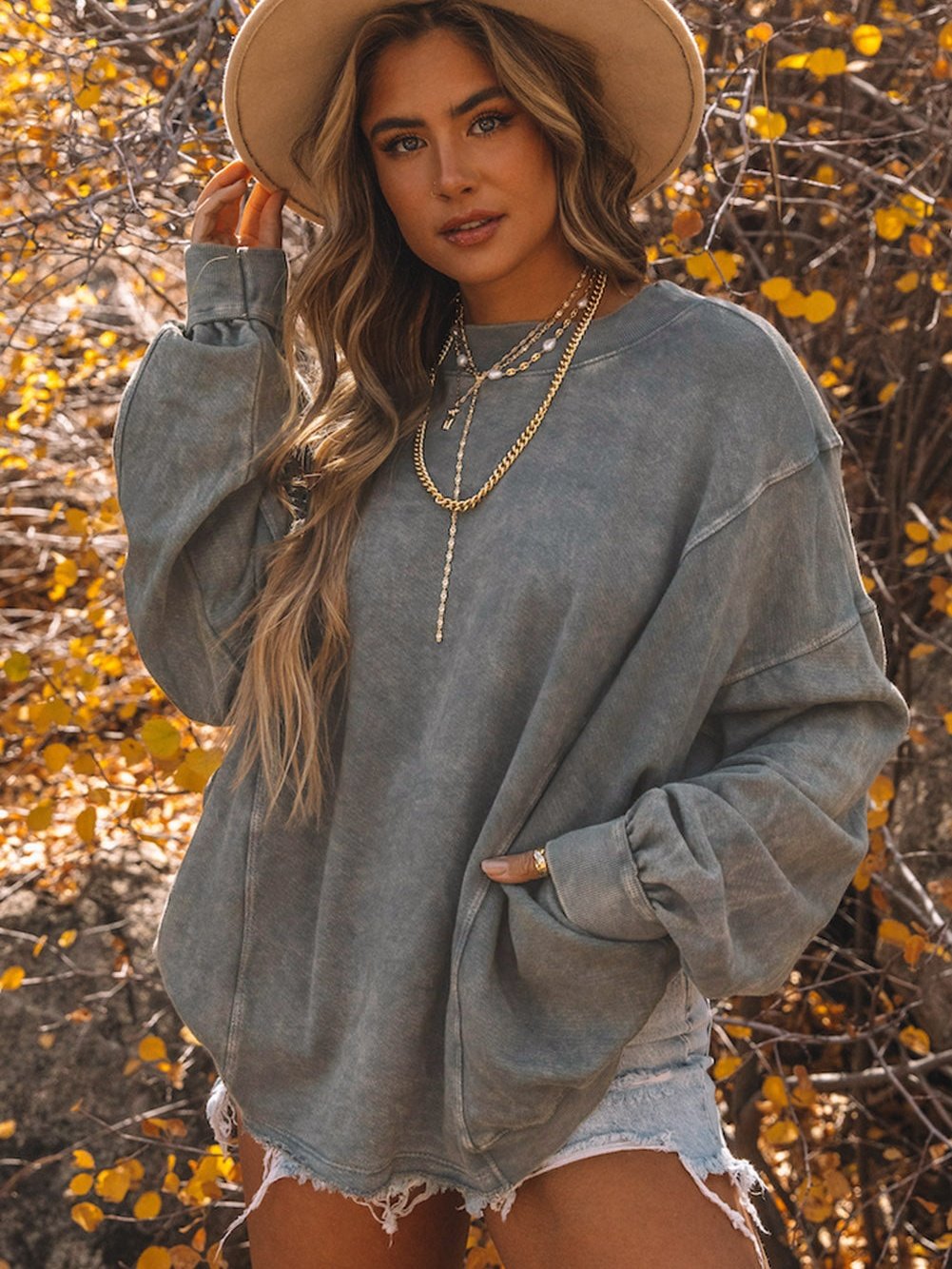 Exposed Seam Twist Gray Oversized Pullover with Open Back