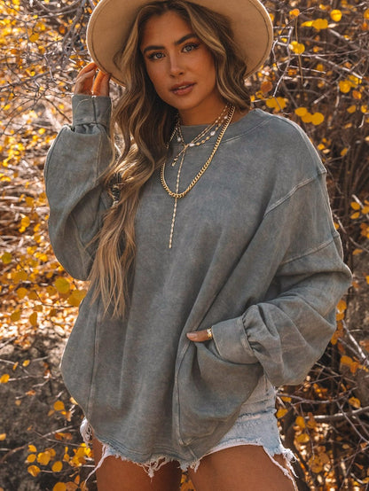 Exposed Seam Twist Gray Oversized Pullover with Open Back