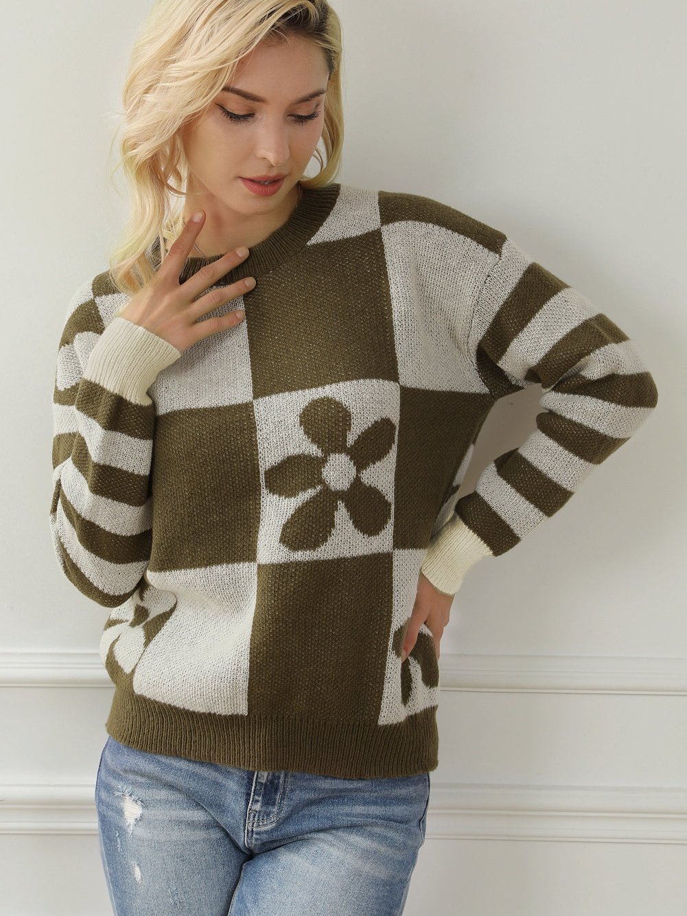 Green Checkered Floral and Striped Sleeve Sweater with Round Neck