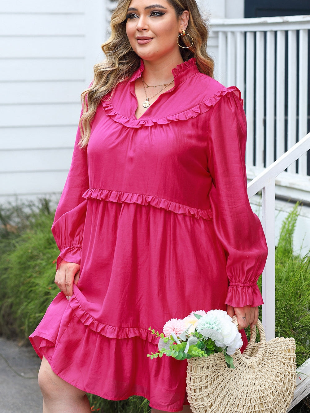 Rosy V-Neck Ruffle Detail Plus Size Shift Dress