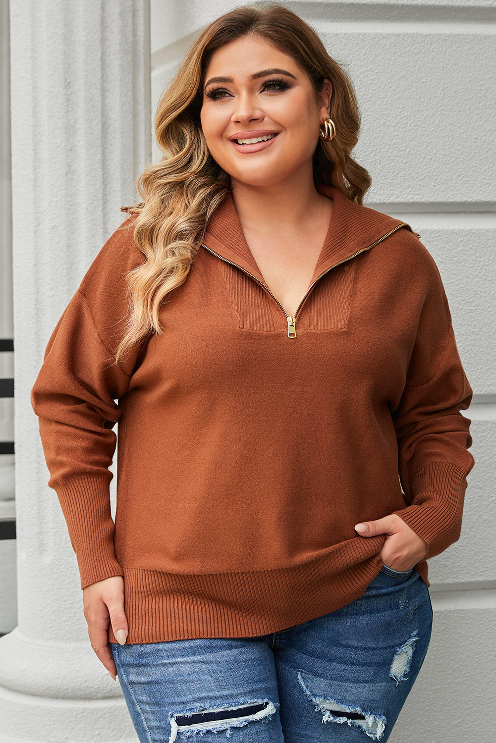 Cozy Brown Zip-Up Collar Plus Size Sweater with Ribbed Detail