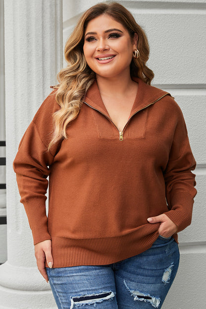 Cozy Brown Zip-Up Collar Plus Size Sweater with Ribbed Detail