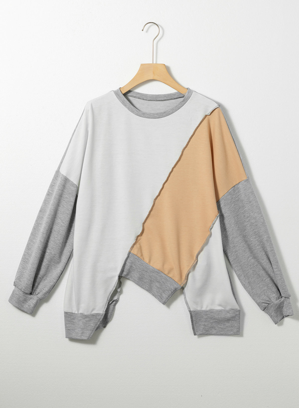 French Beige Colorblock Patchwork Long Sleeve Top with Irregular Hem