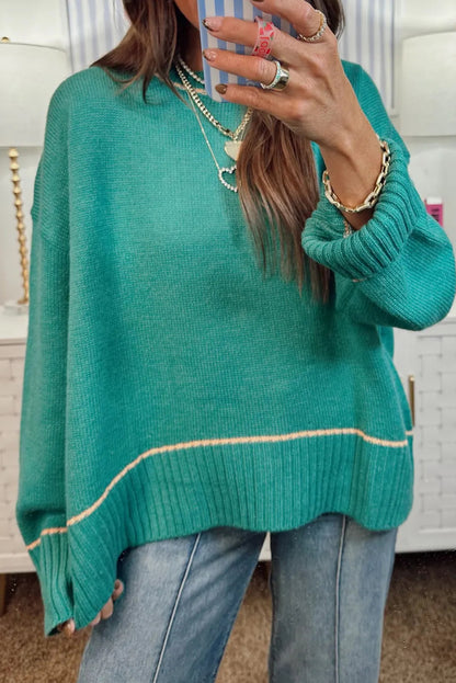 Sea Green Contrast Detail Drop Shoulder Baggy Sweater