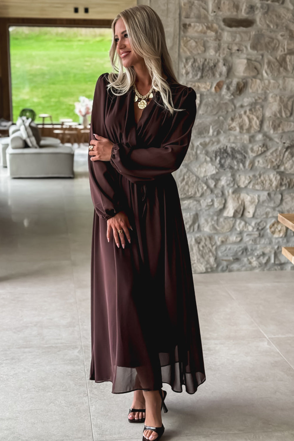 Dark Brown Solid Color Long Sleeve V Neck Pleated High Waist Maxi Dress