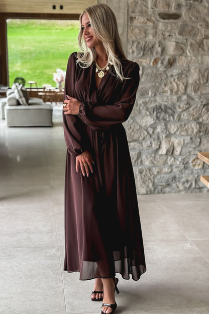 Dark Brown Solid Color Long Sleeve V Neck Pleated High Waist Maxi Dress