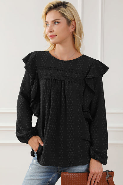 Elegant Black Lace Eyelet Ruffle Sleeve Blouse for Fall