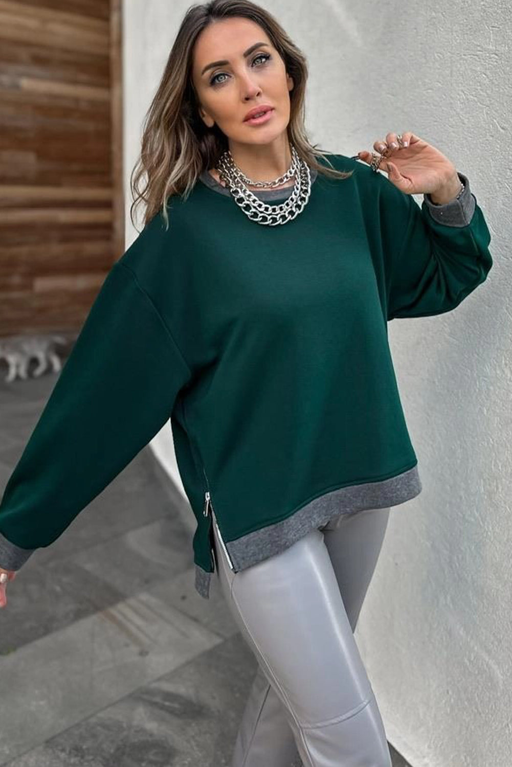 Evergreen Contrast Trim Round Neck Zip Side Slit Baggy Sweatshirt