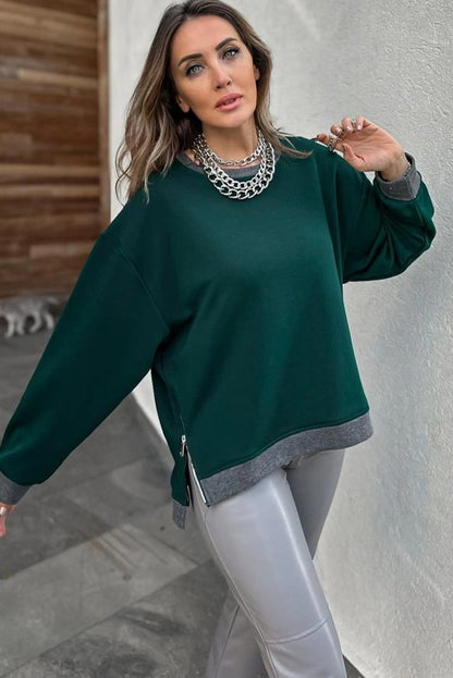 Evergreen Contrast Trim Round Neck Zip Side Slit Baggy Sweatshirt