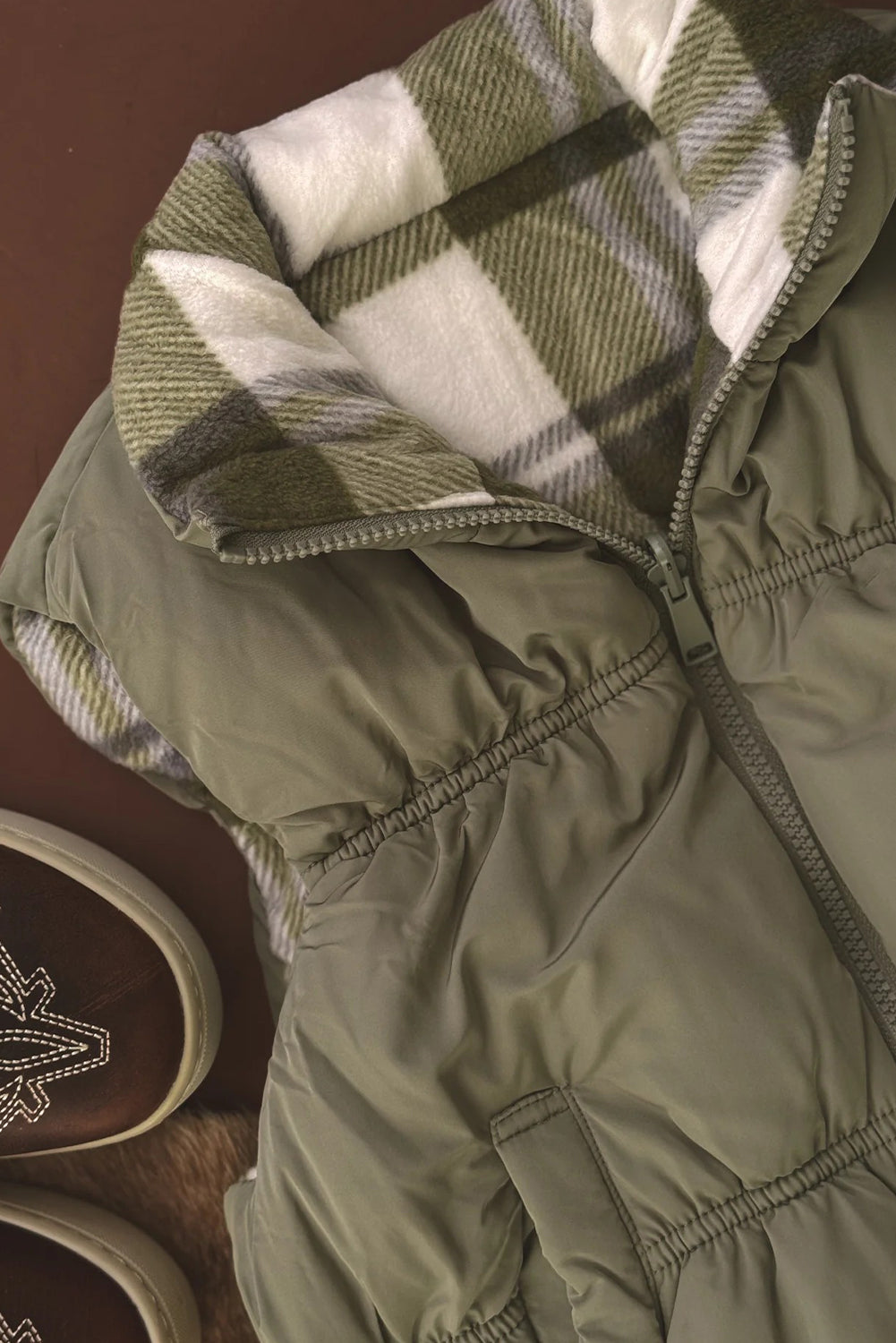 Laurel Green Inner Plaid Contrasted Zip Up Puffer Vest