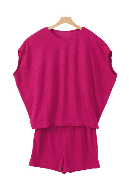 Rose Red Textured Plus Size Dolman Sleeve Top and Shorts Set