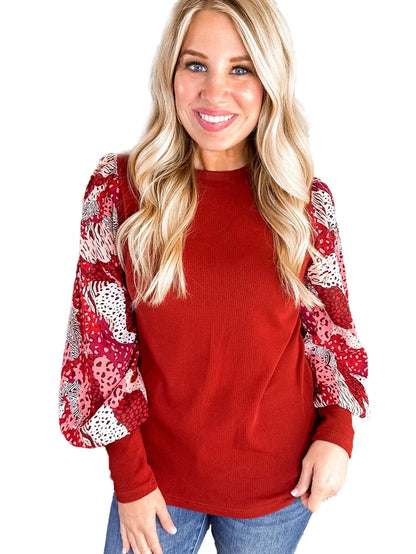 Festive Red Animal Print Lantern Sleeve Patchwork Top