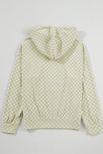 Green Checkered Print Kangaroo Pocket Drawstring Hoodie