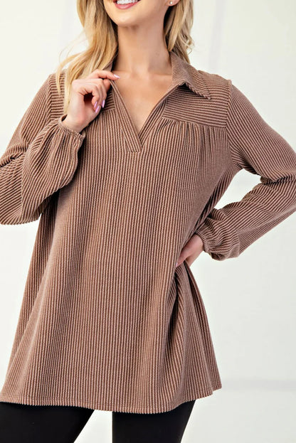 Dark Khaki Twisted Ribbed Polo Collar V Neck Long Sleeve Top
