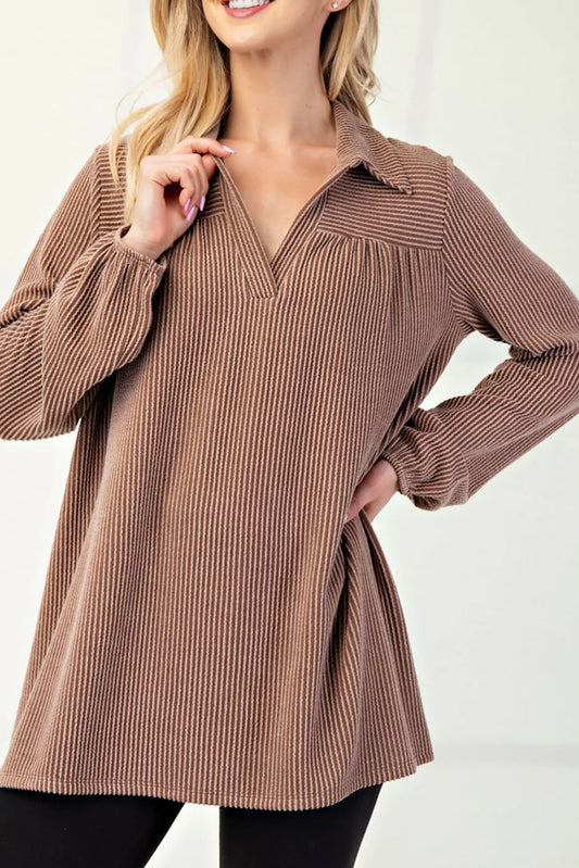 Dark Khaki Twisted Ribbed Polo Collar V Neck Long Sleeve Top