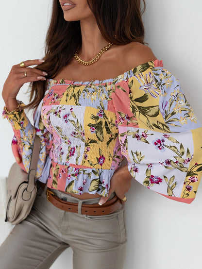 Floral Square Neck Smocked Blouse with Frilled Trim