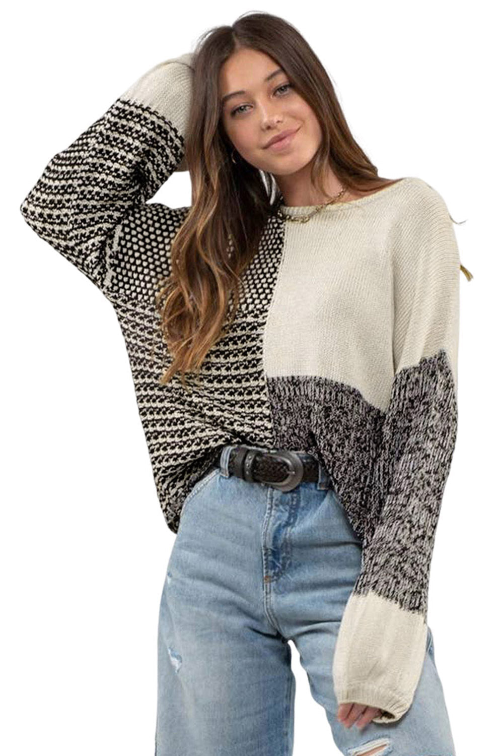 Elegant Black Patchwork Tie-Back Sweater