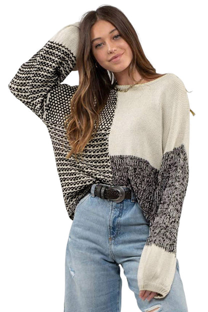 Elegant Black Patchwork Tie-Back Sweater