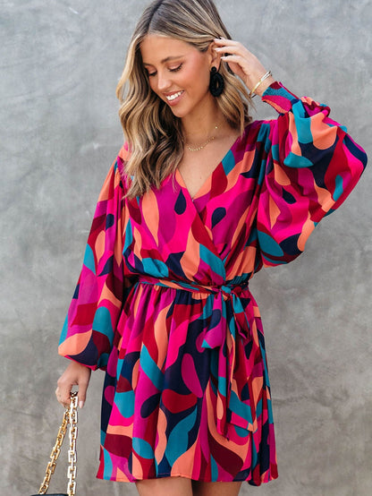 Lapel Print Lace-Up Long Sleeve Dress