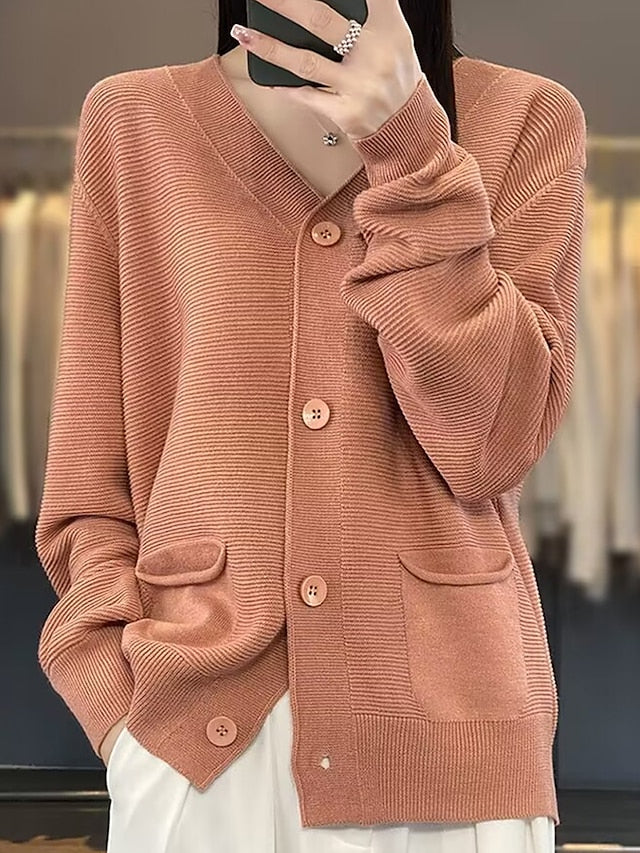 Women's Cardigan Sweater Jacket V Neck Ribbed Knit Acrylic Button Knitted Fall Winter Regular Outdoor Valentine's Day Daily Fashion Streetwear Casual Long Sleeve Solid Color Black Pink Red S M L