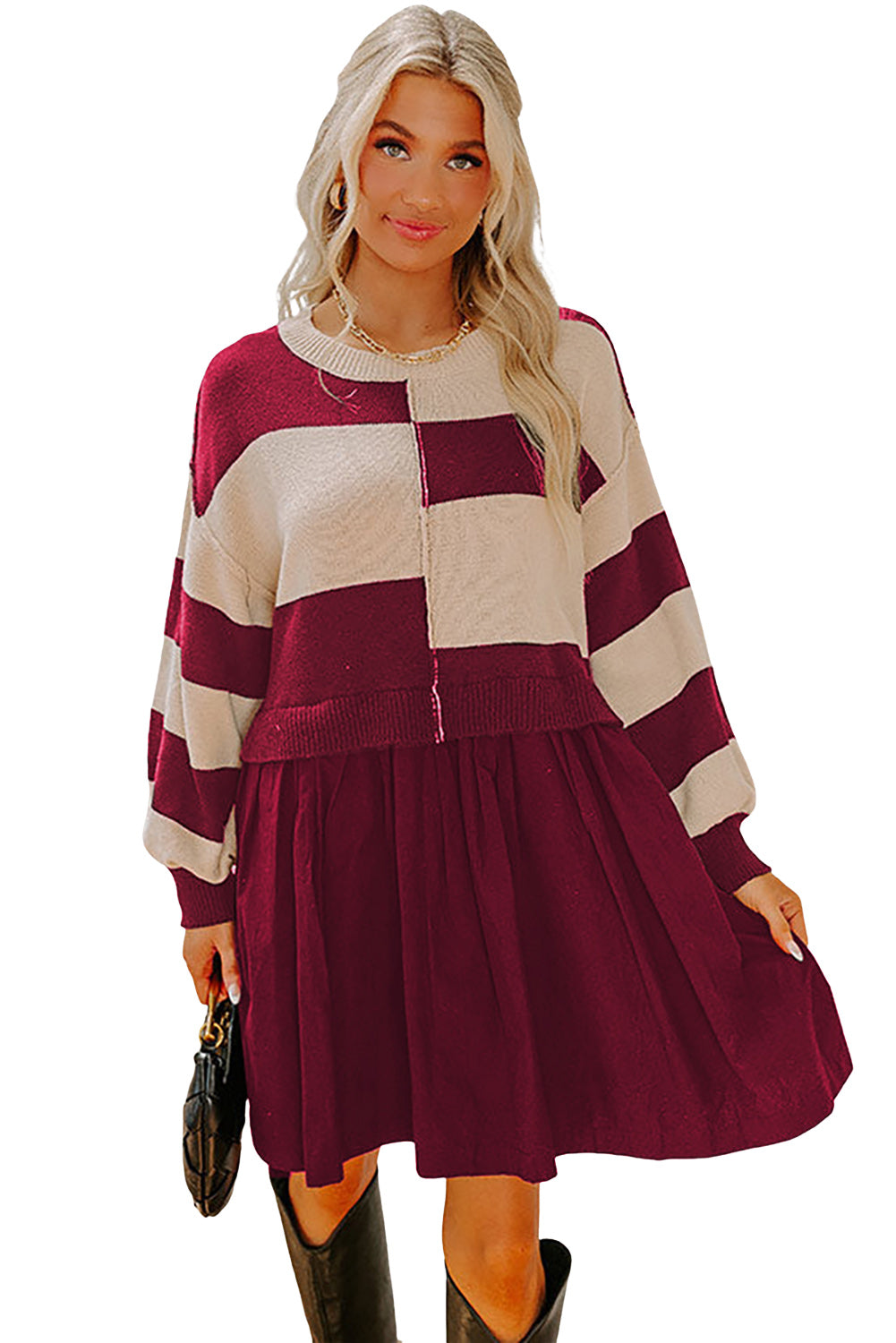Red Stripe Two in One Knitted Top High Waist Splicing Hem Sweater Dress