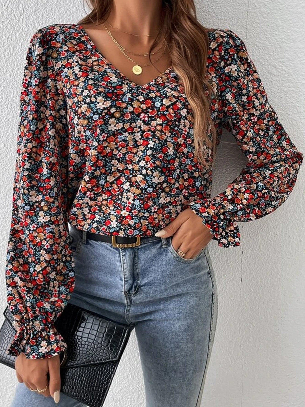 Flame Red Lace Patch V-Neck Tie-Up Puff Sleeve Floral Top