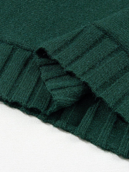 Elegant Blackish Green Batwing Knit Sweater with Mock Neck