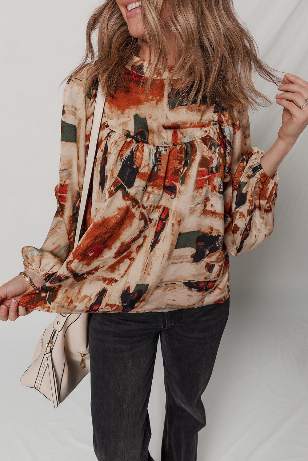 Multicolour Retro Abstract Print Zip Back Long Puff Sleeve Blouse