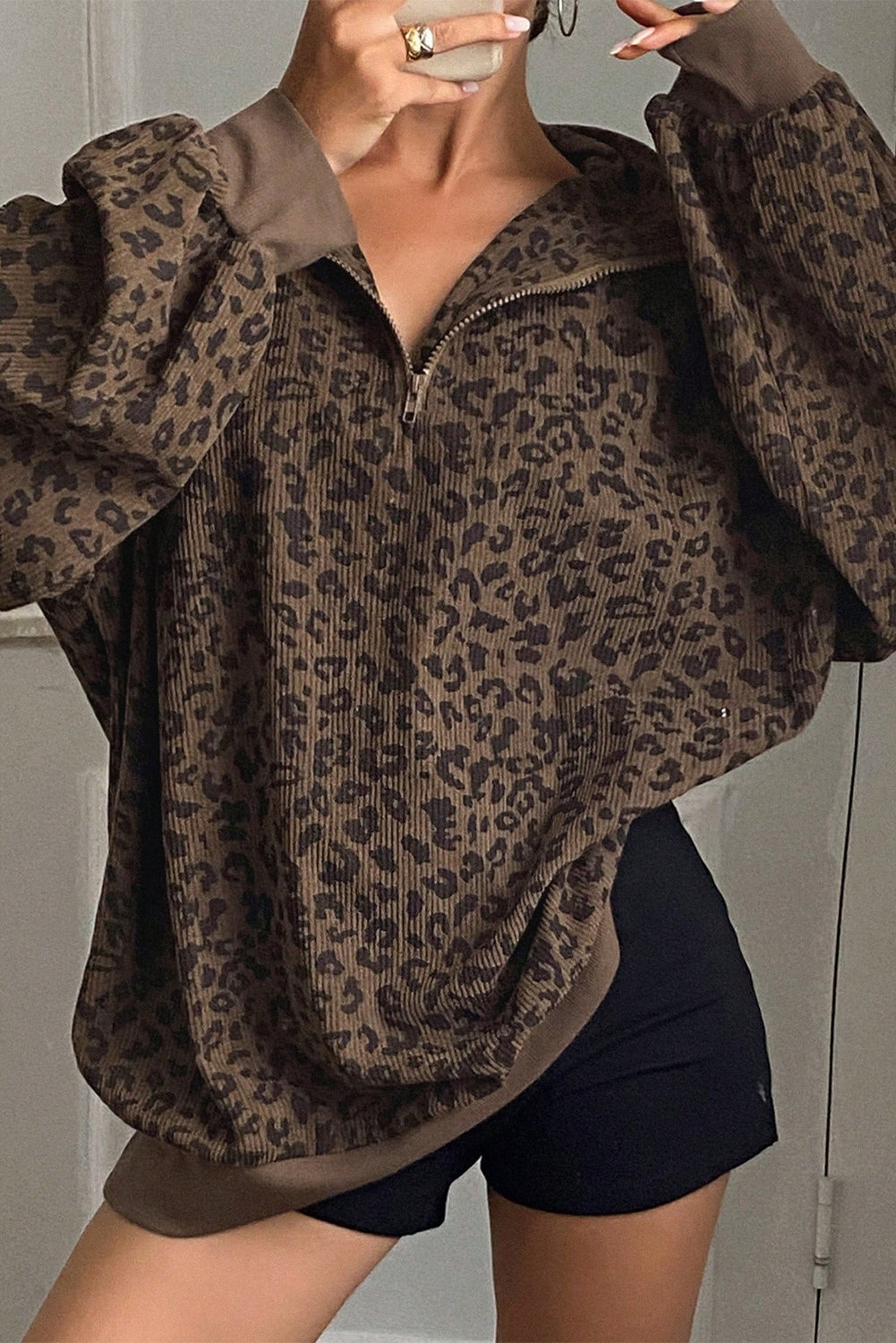Brown Leopard Print Quarter Zip Corduroy Sweatshirt
