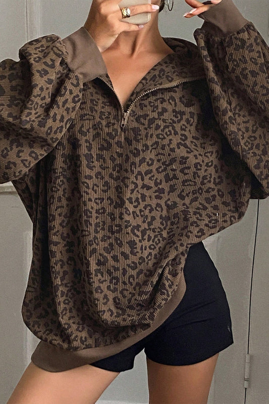 Brown Leopard Print Quarter Zip Corduroy Sweatshirt
