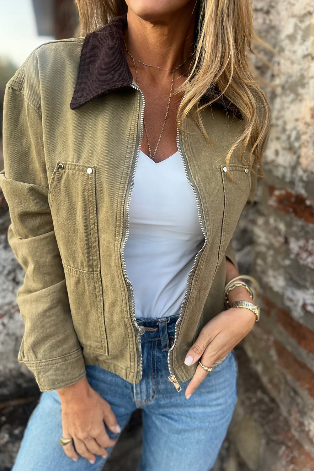 Sage Green Corduroy Collar Zipped Front Denim Jacket