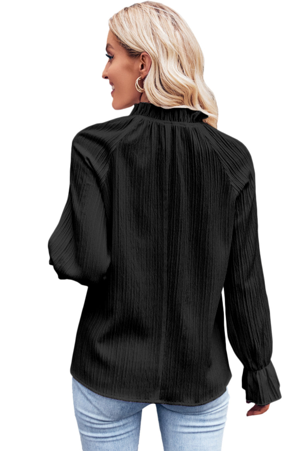 Elegant Black Ripple Sleeve Blouse with Frilled Stand Neck