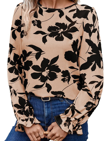 Khaki Floral Flounce Sleeve Back Knot Detail Blouse