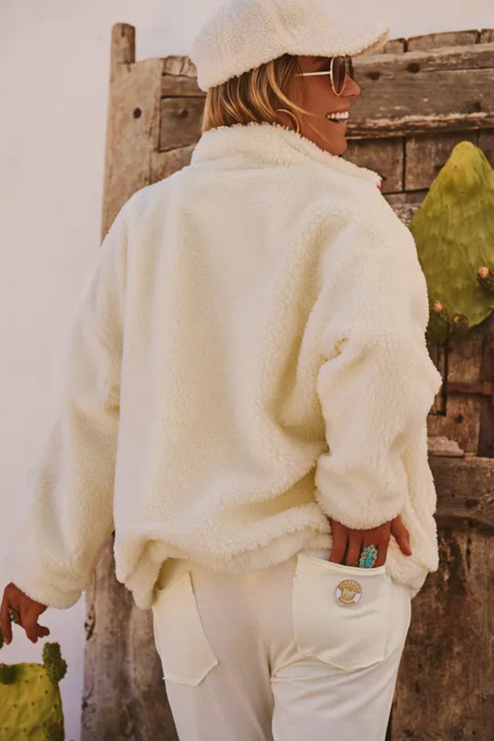 White Fuzzy Contrast Trim Full Zip Sherpa Jacket with Pockets