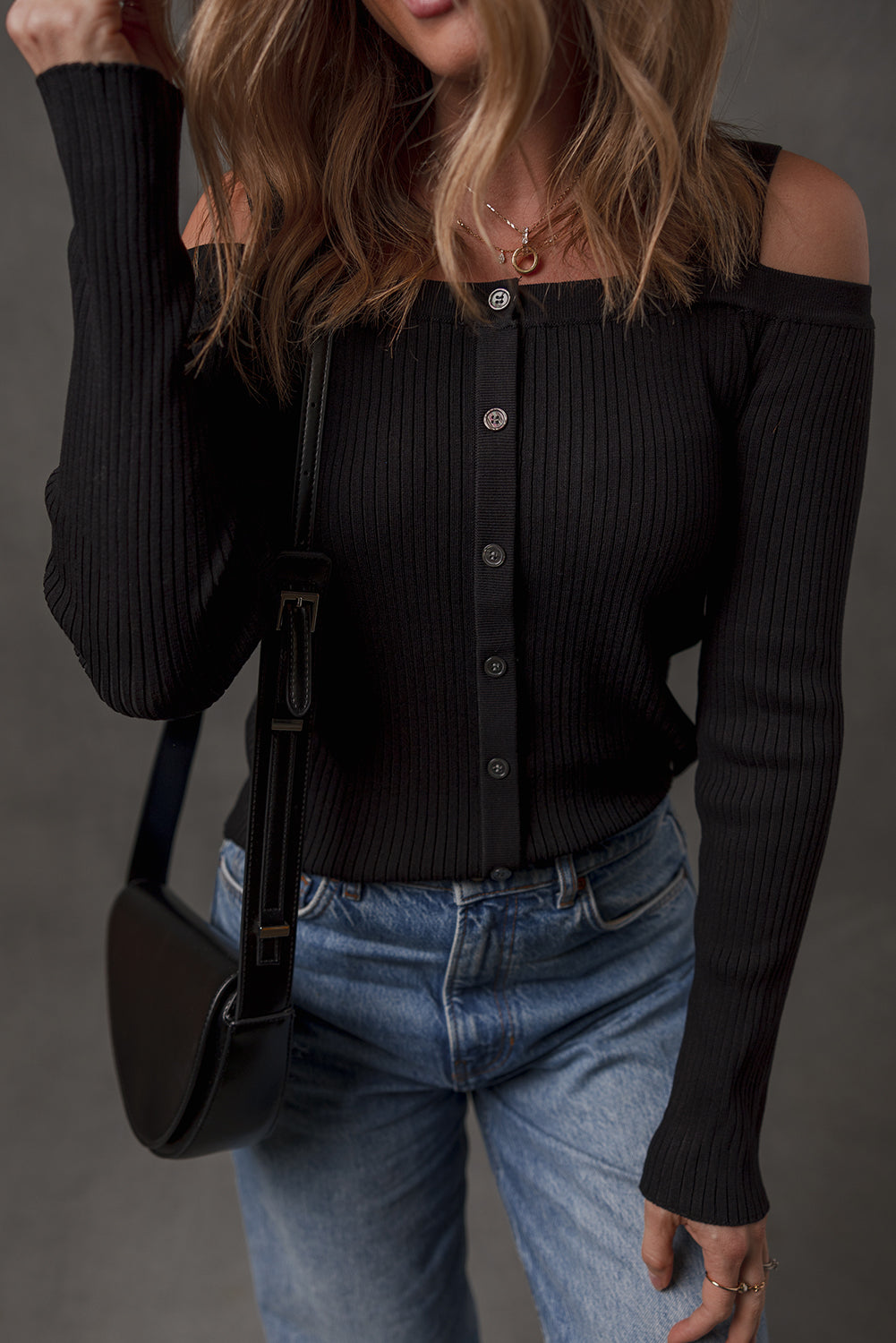 Black Ribbed Knit Cold Shoulder Button Front Sweater