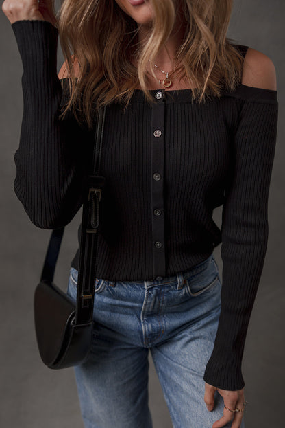 Black Ribbed Knit Cold Shoulder Button Front Sweater