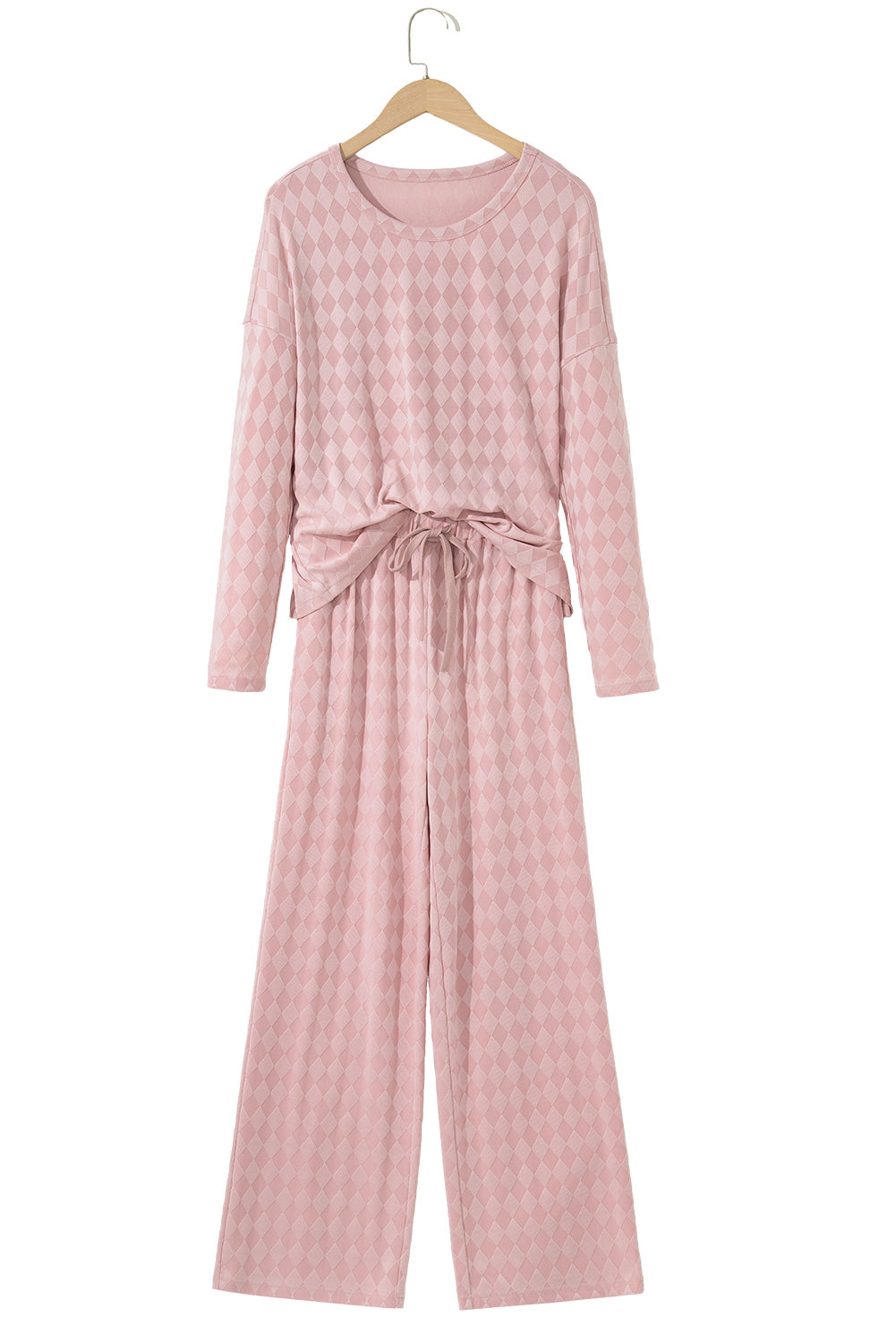 Light Pink Rhombus Pattern Knit Long Sleeve Top Pocketed Drawstring Lounge Pant Set