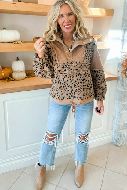 Khaki Sherpa Leopard Color Block Patchwork Cozy Pullover Sweatshirt