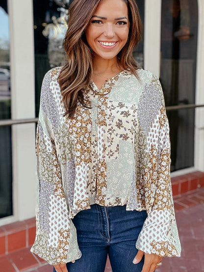 Floral Patchwork Print V-Neck Long Sleeve Blouse