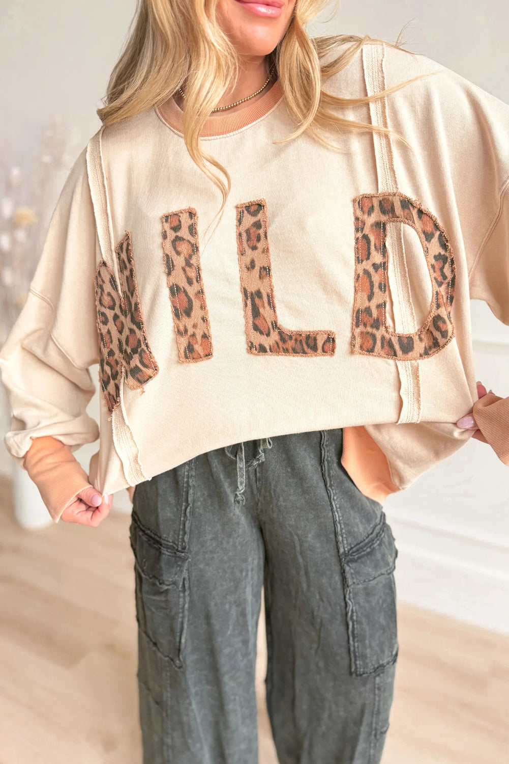 Apricot WILD Leopard Letter Stitched Raw Seam Oversize Pullover Sweatshirt