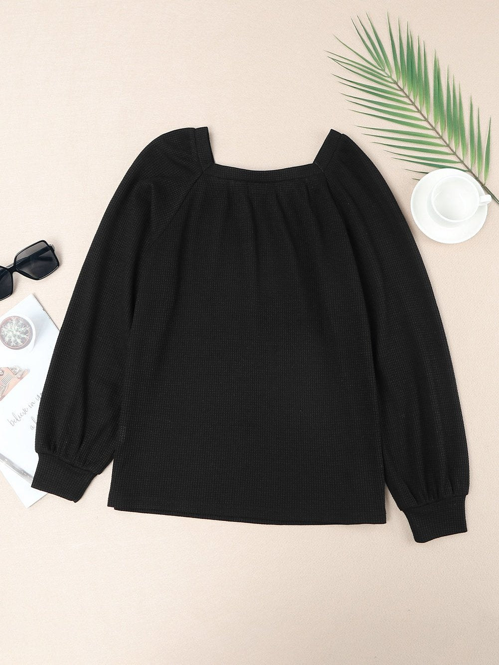 Elegant Square Neck Long Sleeve Waffle Knit Top
