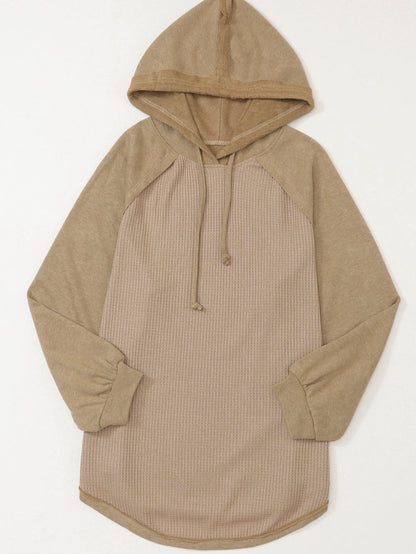 Khaki Exposed Seam Waffle Knit Hoodie with Adjustable Drawstring